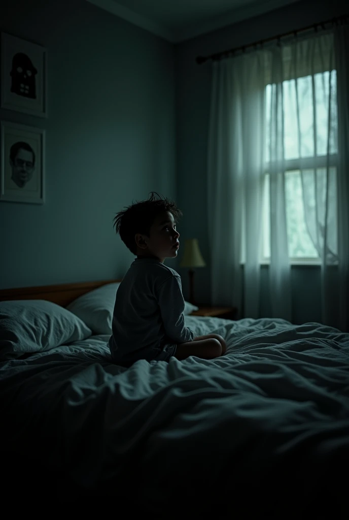 Image Idea: A wider shot of the room, now cloaked in silence. Show small boy Ali sitting up in bed, looking around nervously. The room should appear still, with an unsettling quietness. The shadows in the room should appear more pronounced.