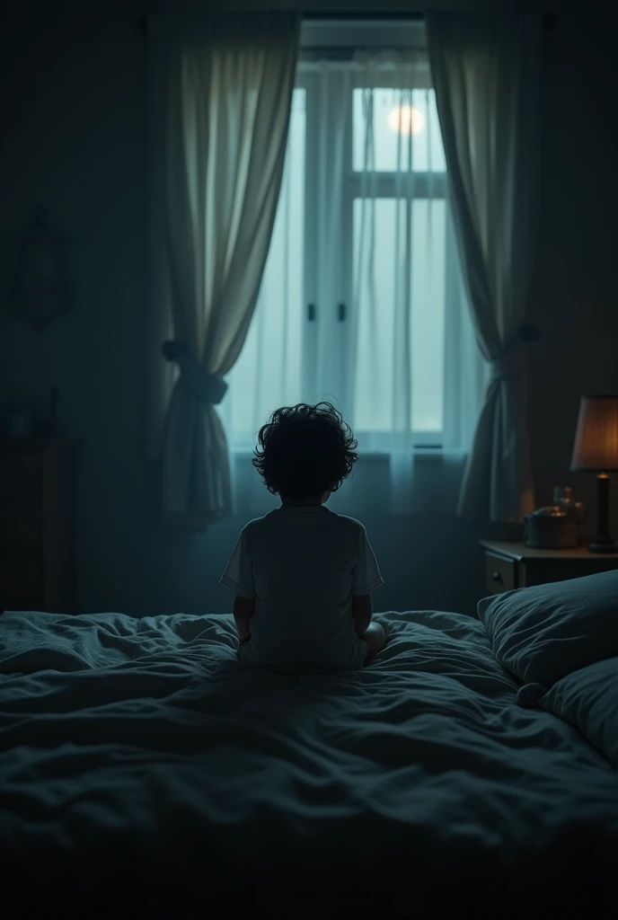 Image Idea: A wider shot of the room, now cloaked in silence. Show small boy Ali sitting up in bed, looking around nervously. The room should appear still, with an unsettling quietness. The shadows in the room should appear more pronounced.