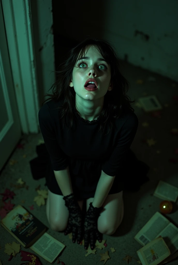 Create a front view of a hungry 23 year old 2 months pregnant gothic girl on her knees watching you. With eyes pleading for food with mouth open sticking out tongue showing inside of throat for use, in a basement with little light