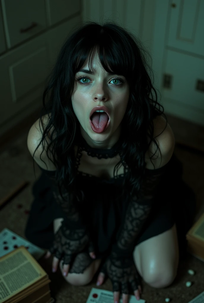 Create a front view of a hungry 23 year old 2 months pregnant gothic girl on her knees watching you. With eyes pleading for food with mouth open sticking out tongue showing inside of throat for use, in a basement with little light