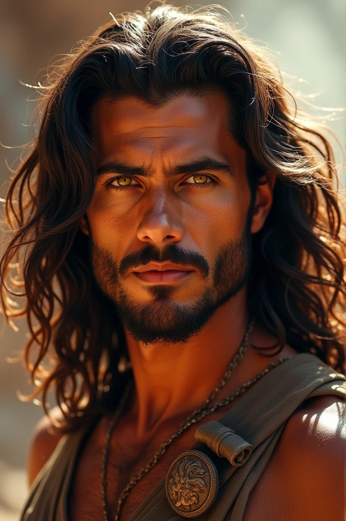 Male face, long hair, a little shorter, rich muscles, lips, thick nose, medium hair color, dark brown, thick eyebrows, rich, 198, weight, 120, eye color, yellow, big eyes