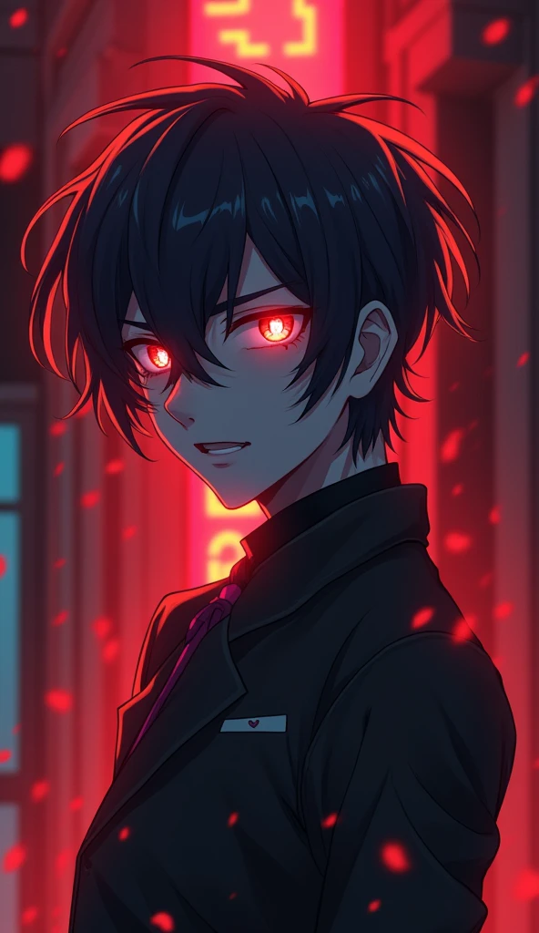 A psycho man, crazy look, full body, 2D anime style, detailed face, detailed, focus on face, HD, 8k quality, glowing character, blurry background, anime art