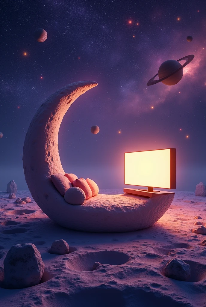 A very beautiful and calm universe, with many stars and planets, where there is a moon that has a very cozy and comfortable sofa and television inside it, is the focus of the image. 