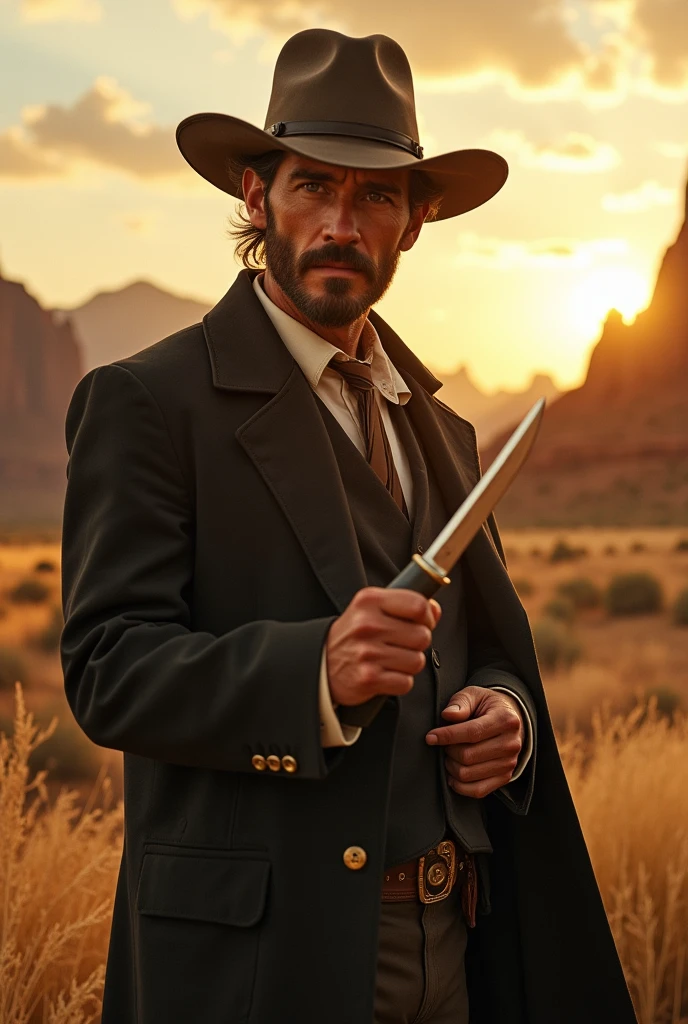 An old western style man in a choir jacket, hat and a knife in his hand make him go from young to adult