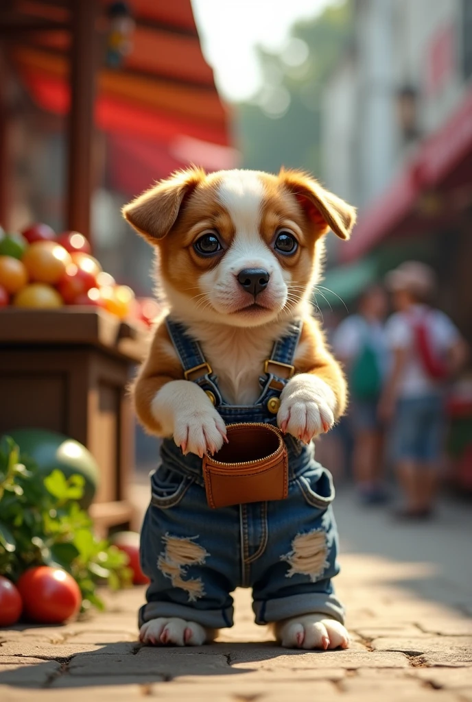 {
"prompt": "A brown and white puppy in ripped jeans stands in front of a chicken cart. The puppy takes out his wallet, but there is no money. He looks sad, with tears in his eyes. The puppy's clothes are dirty and torn. The effect is added to emphasize the sad feeling.",
"aspect_ratio": "9:16",
"size": "1024x1792",
"n": 1
}
