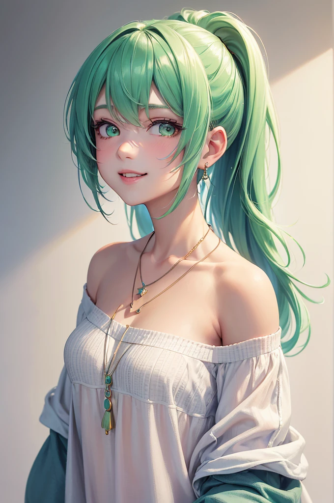 Best Quality,High resolution,8k,(plain white background, no patterns, no textures, just a plain white background:1.3),Masterpiece:1.2),beautiful girl,Shiny green hair,pony tail,Green Eyes,Gentle look,A refreshing look,smile,Best quality,Best Quality,Aesthetic and aesthetic:1.2,Best details((Super detailed))(High-definition CG illustrations),Slender body,smile,blush,cute,Scrounge,Looking up,Being spoiled,off shoulder, paired with pre-ripped jeans, colorful cotton fabric with a subtle pattern, casual sneakers with a pop of color, Accessories include a playful pendant necklace and colorful stud earrings, super model