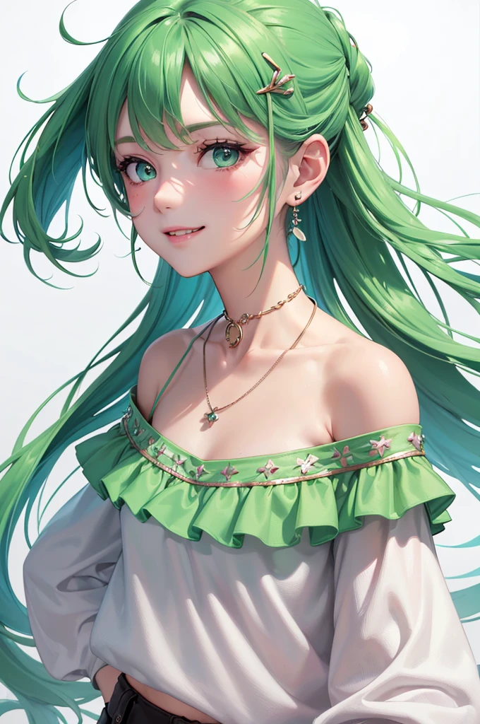 Best Quality,High resolution,8k,(plain white background, no patterns, no textures, just a plain white background:1.3),Masterpiece:1.2),beautiful girl,Shiny green hair,pony tail,Green Eyes,Gentle look,A refreshing look,smile,Best quality,Best Quality,Aesthetic and aesthetic:1.2,Best details((Super detailed))(High-definition CG illustrations),Slender body,smile,blush,cute,Scrounge,Looking up,Being spoiled,off shoulder, paired with pre-ripped jeans, colorful cotton fabric with a subtle pattern, casual sneakers with a pop of color, Accessories include a playful pendant necklace and colorful stud earrings, super model