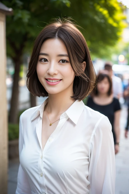 Highest quality, figure, Very detailed, In detail, High resolution, 8k wallpaper, Perfect dynamic composition, Beautiful attention to detail, White button-front blouse,Wolf Cut Hair, Natural color lip, Random and natural poses,smile,Aoyama Street Walk、40-year-old woman,The first button of the blouse is unbuttoned