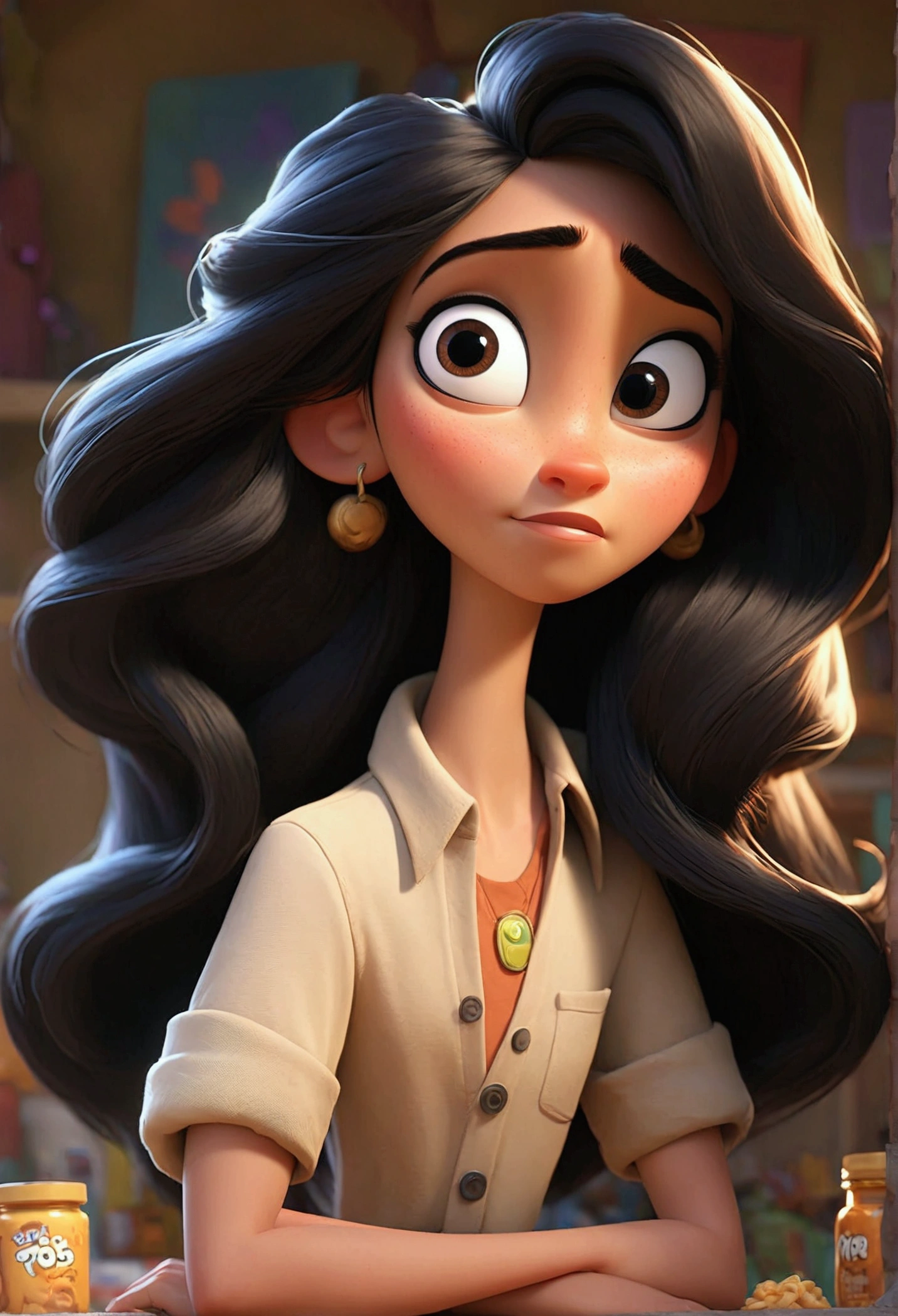 create a 25-year-old female character in the Pixar Disney style, fair skin, honey-colored eyes, Messy long straight black hair , and beautiful. Make it in 9:16 format