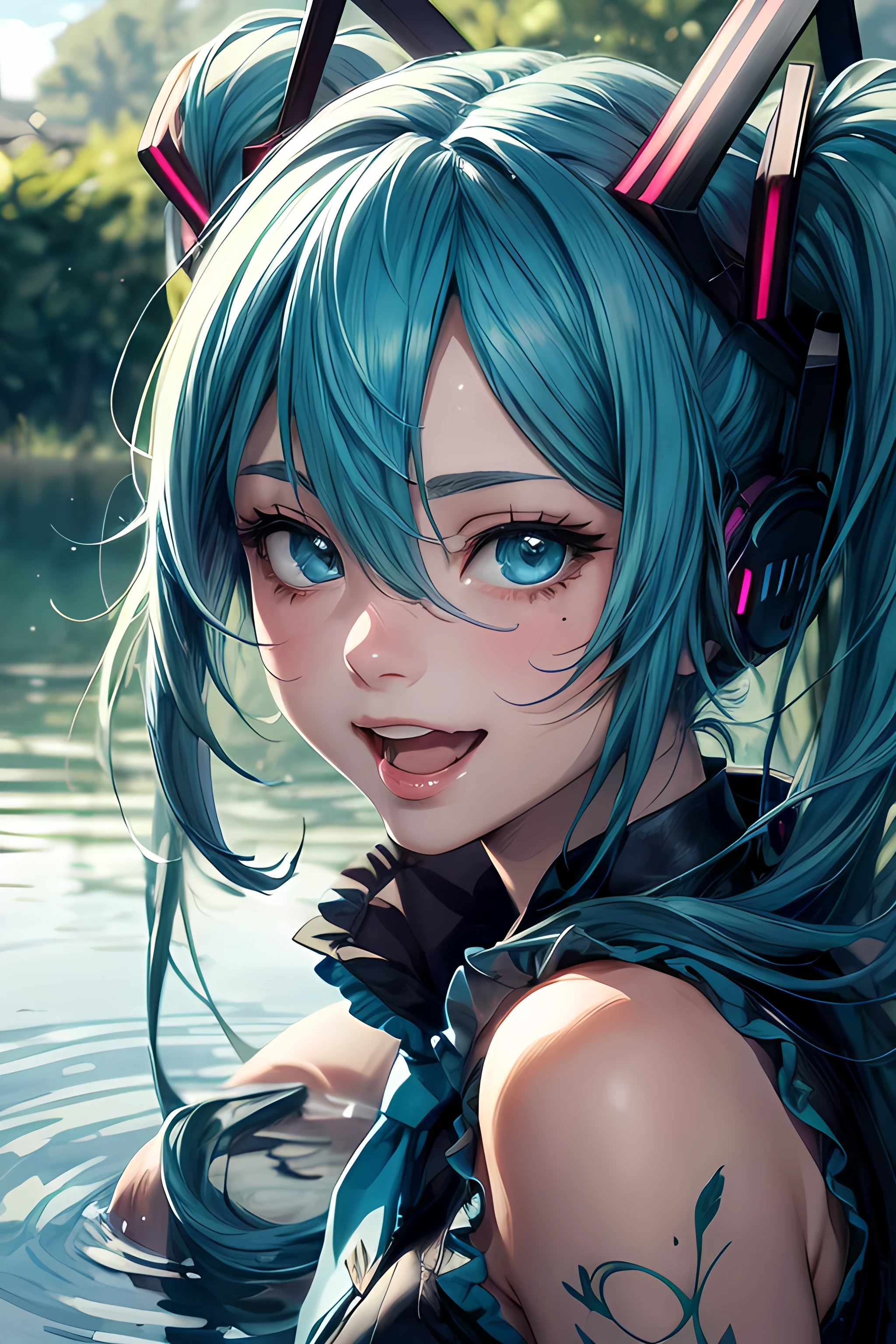 hatsune miku,absurd expressions,laughing,playing in a lake,beautiful detailed eyes,beautiful detailed lips,extremely detailed eyes and face,long eyelashes,vibrant colors,soft lighting,serene atmosphere,whimsical,fantasy,digital art,highly detailed,8k,photorealistic,professional,concept art,masterpiece