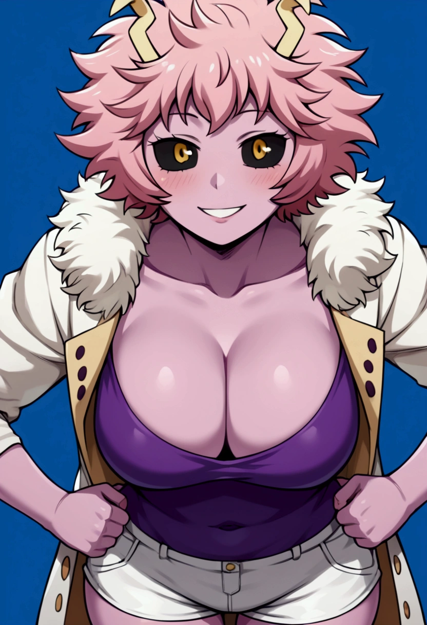 Score_9, Score_8_up, Score_7_up, Score_6_up, MILF, anime_source(boku_no_heo), 1 girl, hands on hips, wide hips, curves, ashido_mina, pink skin, black sclera, colored sclera, breasts, solo, yellow eyes, cleavage, pink hair , horns, colored skin, smile, shorts, blush, short hair, looking at viewer, collarbone, white shorts, eyelashes, coat, long sleeves, pink shirt, shirt, white coat, {{Ultra-giant breasts}}, blue background, mouth closed, bangs, open coat, cowboy shot, bright, white jacket, lips, open clothing