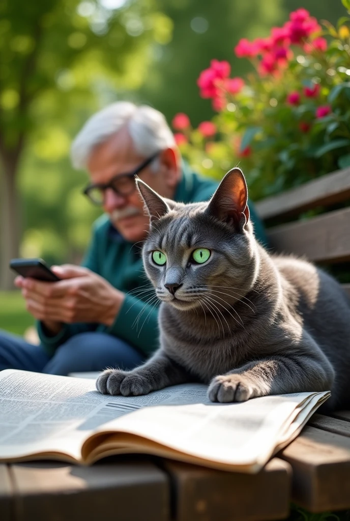 Gray cat sitting on a park bench reading a newspaper next to a man with a cell phone in his hand
