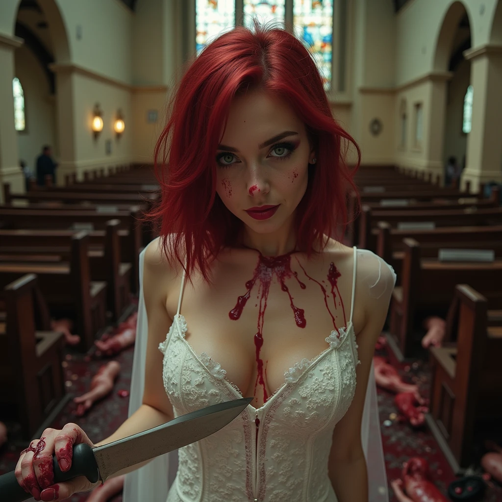 Sexy serial killer lady with medium length red hair, and pink lipgloss. Green eyes and a cruel smile. Wearing a white wedding dress . Killing people with a knife in a church. Lots of blood and carnage. Multiple bodies in the background.