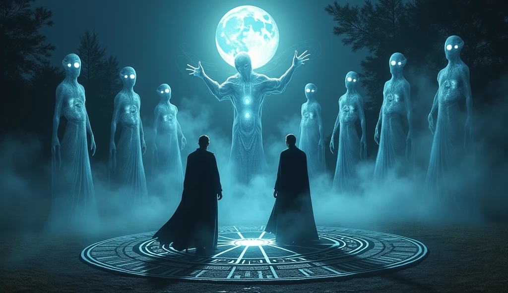 two men with amulets stand in a circle of symbols surrounded by ghosts