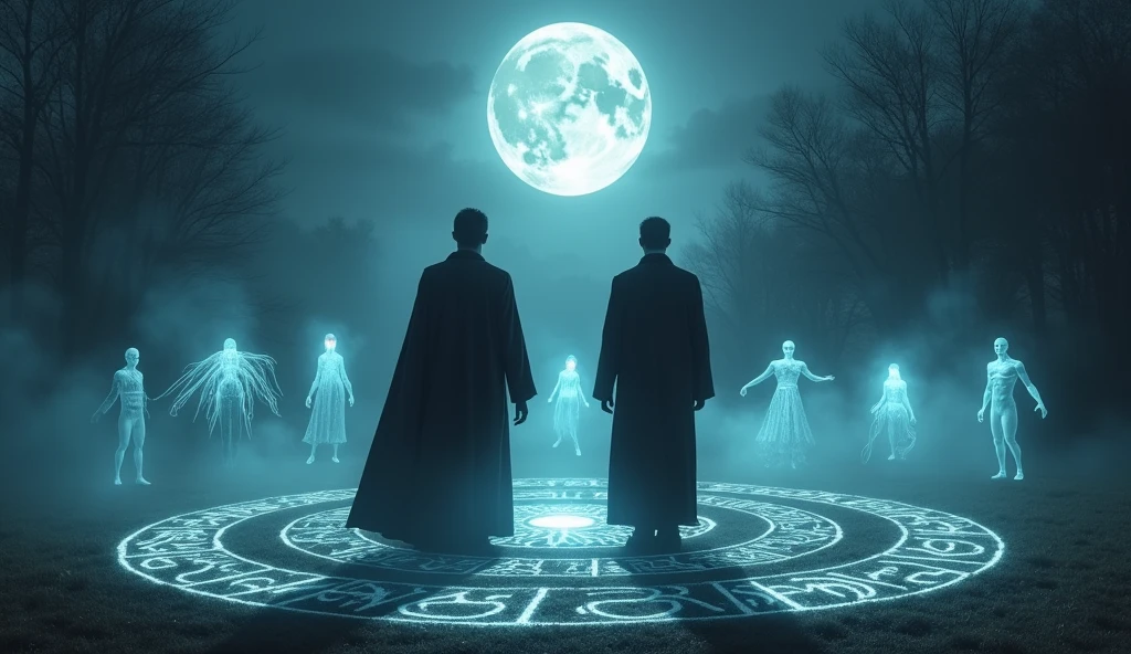 two men with amulets stand in a circle of symbols surrounded by ghosts 