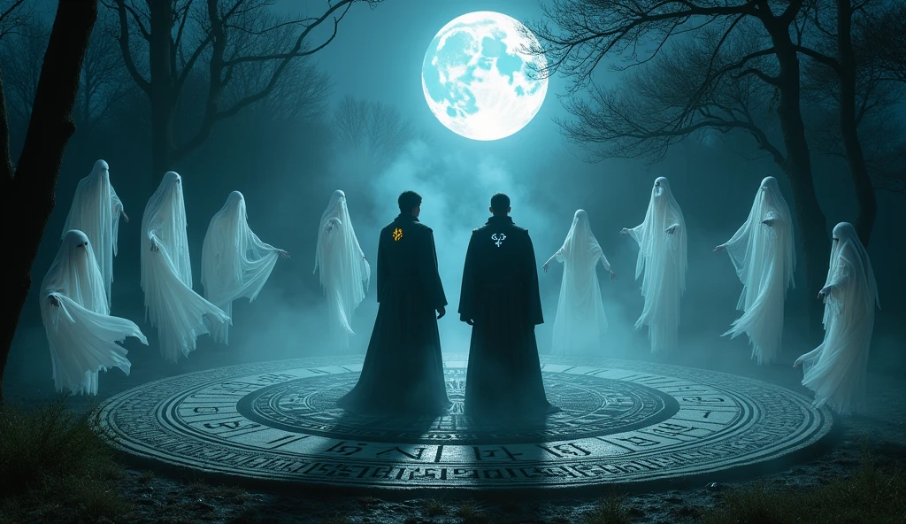 two men with amulets stand in a circle of symbols surrounded by ghosts