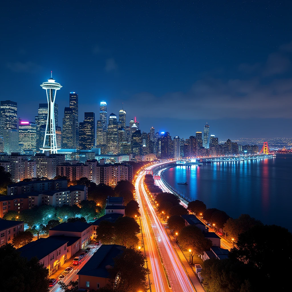 city의 야경，The lights are beautifully lit, shenzhen, Seattle, San francisco, Downtown Seattle by night, city, city 풍경의 초광각 뷰, After treatment, bird&#39;city를 바라보는 시선, 아름다운 city 풍경, 바쁜 city 풍경, city의 조감도, San francisco 사진, sfv, High-quality images&Quote;, wide wide shot