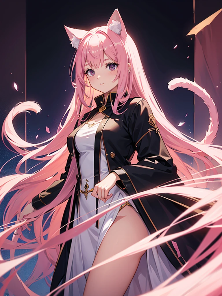 a young girl, cat girl, long pink hair, purple eyes, long cat ears, large and long pink tail, beautiful detailed eyes, soft lighting, warm color palette, cinematic composition, dramatic lighting, , professional, physically-based rendering, sharp focus, vivid colors, Queen's outfit