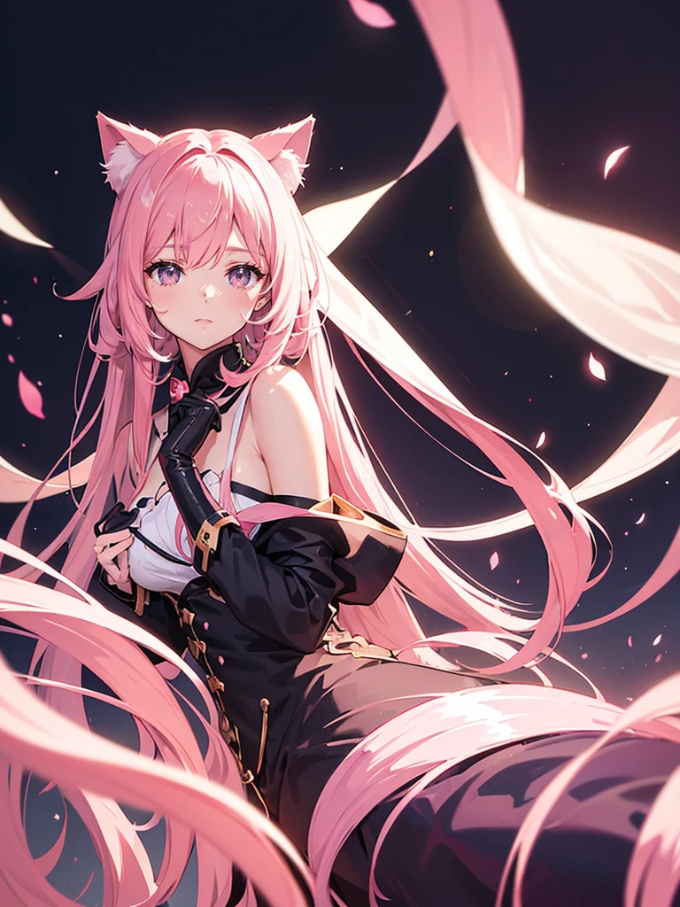 a young girl, cat girl, long pink hair, purple eyes, long cat ears, large and long pink tail, beautiful detailed eyes, soft lighting, warm color palette, cinematic composition, dramatic lighting, , professional, physically-based rendering, sharp focus, vivid colors, Queen's outfit