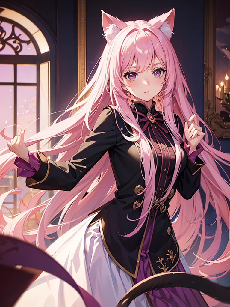 a young girl, cat girl, long pink hair, purple eyes, long cat ears, large and long pink tail, beautiful detailed eyes, soft lighting, warm color palette, cinematic composition, dramatic lighting, , professional, physically-based rendering, sharp focus, vivid colors, Queen's outfit