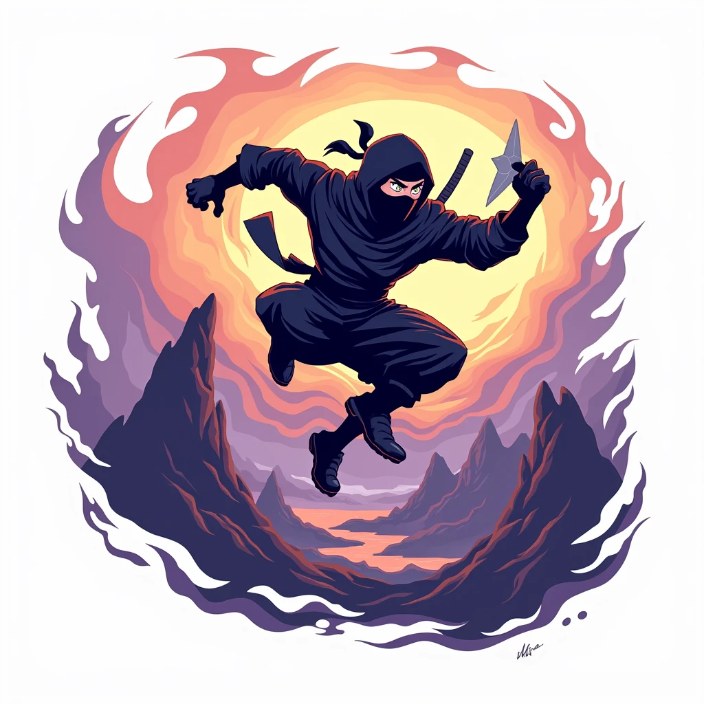 Sticker, Depicting a ninja warrior character mid-action against a stylized landscape, on a white background.