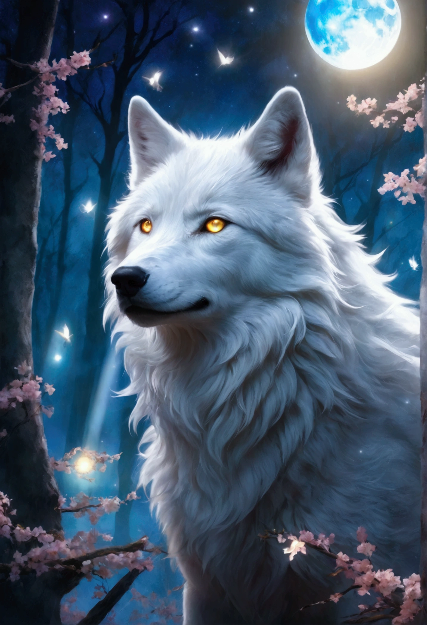 Beautiful white wolf with golden eyes. In the background a nocturnal landscape in nature. The moon is shining. Magical lights fly around. Magical night. Fantasy landscape in the background. Beautiful night. Makoto Shinkai