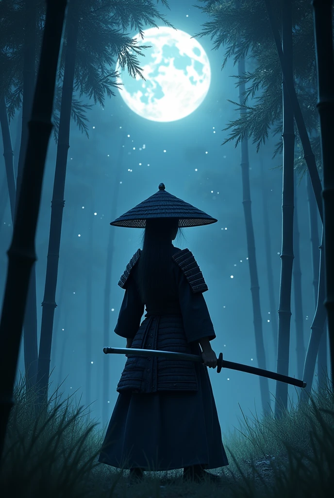 samurai, 1girl, Hold a Japanese sword, Japanese conical hat, battle scene, aesthetic, wide shot, cinematic lighting, ultra wide angle, moonlight, starry sky, bamboo forest,