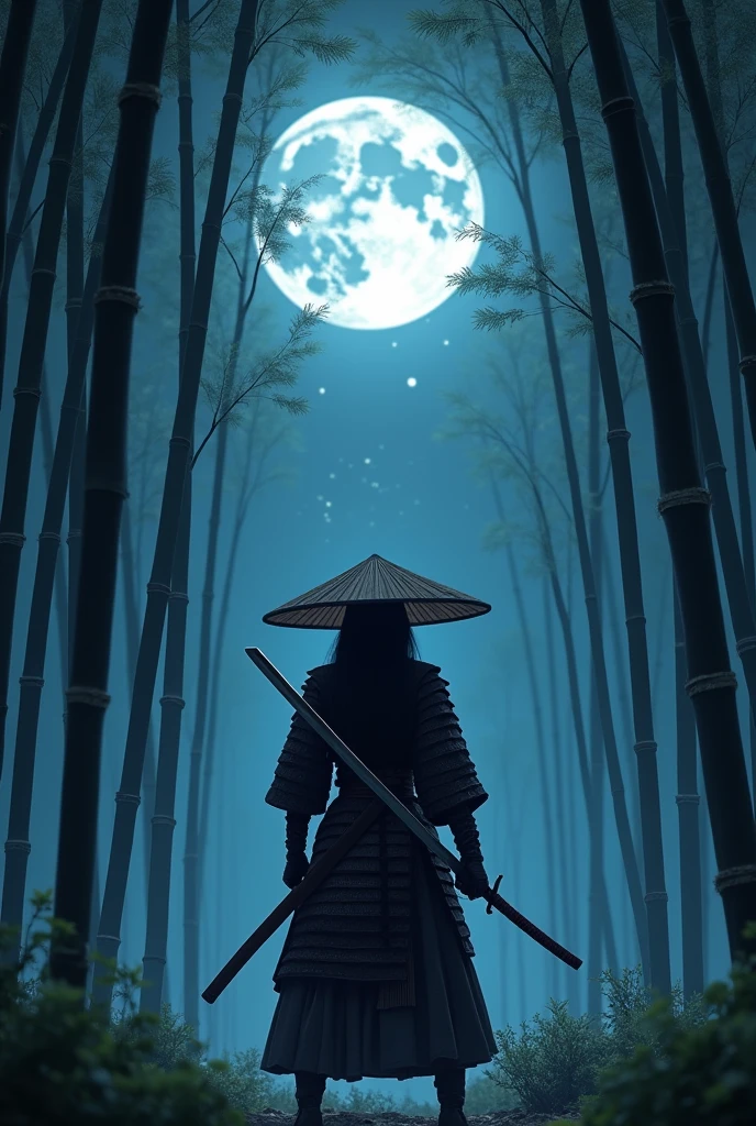 samurai, 1girl, Hold a Japanese sword, Japanese conical hat, battle scene, aesthetic, wide shot, cinematic lighting, ultra wide angle, moonlight, starry sky, bamboo forest,