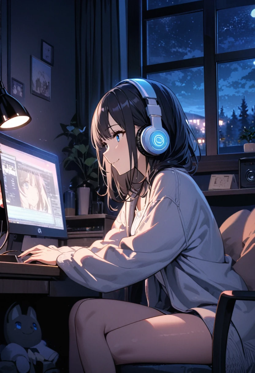 Beautiful woman, alone, A gentle smile on her face, Black Hair, blue eyes, Beautiful legs, underwear, Beautiful depiction,A woman sitting in front of a computer in a cozy bedroom, A woman listening to music in a cozy room. (night), Use headphones, (beautiful night views from windows), Very detailed