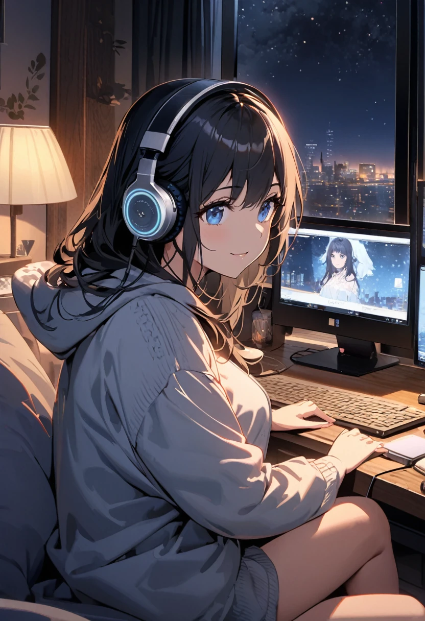 Beautiful woman, alone, A gentle smile on her face, Black Hair, blue eyes, Beautiful legs, underwear, Beautiful depiction,A woman sitting in front of a computer in a cozy bedroom, A woman listening to music in a cozy room. (night), Use headphones, (beautiful night views from windows), Very detailed