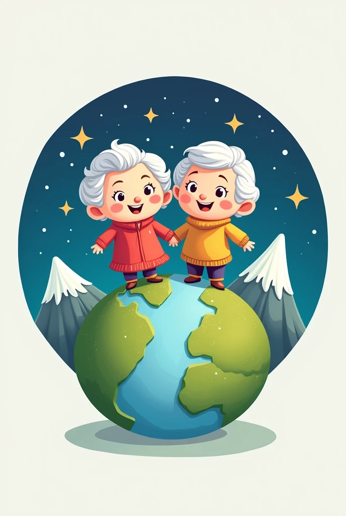 A logo for an app called grandmas in the world, there could be two old people on planet Earth with stars.