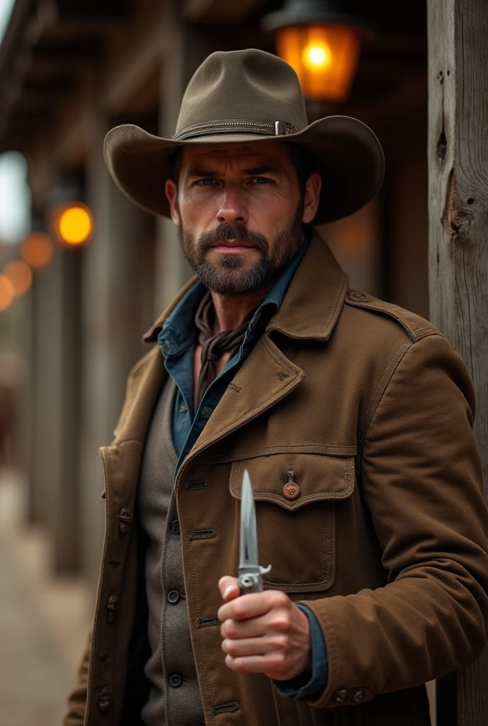 An old western style man in a choir jacket, hat and a knife in his hand make him go from young to adult, sem beard