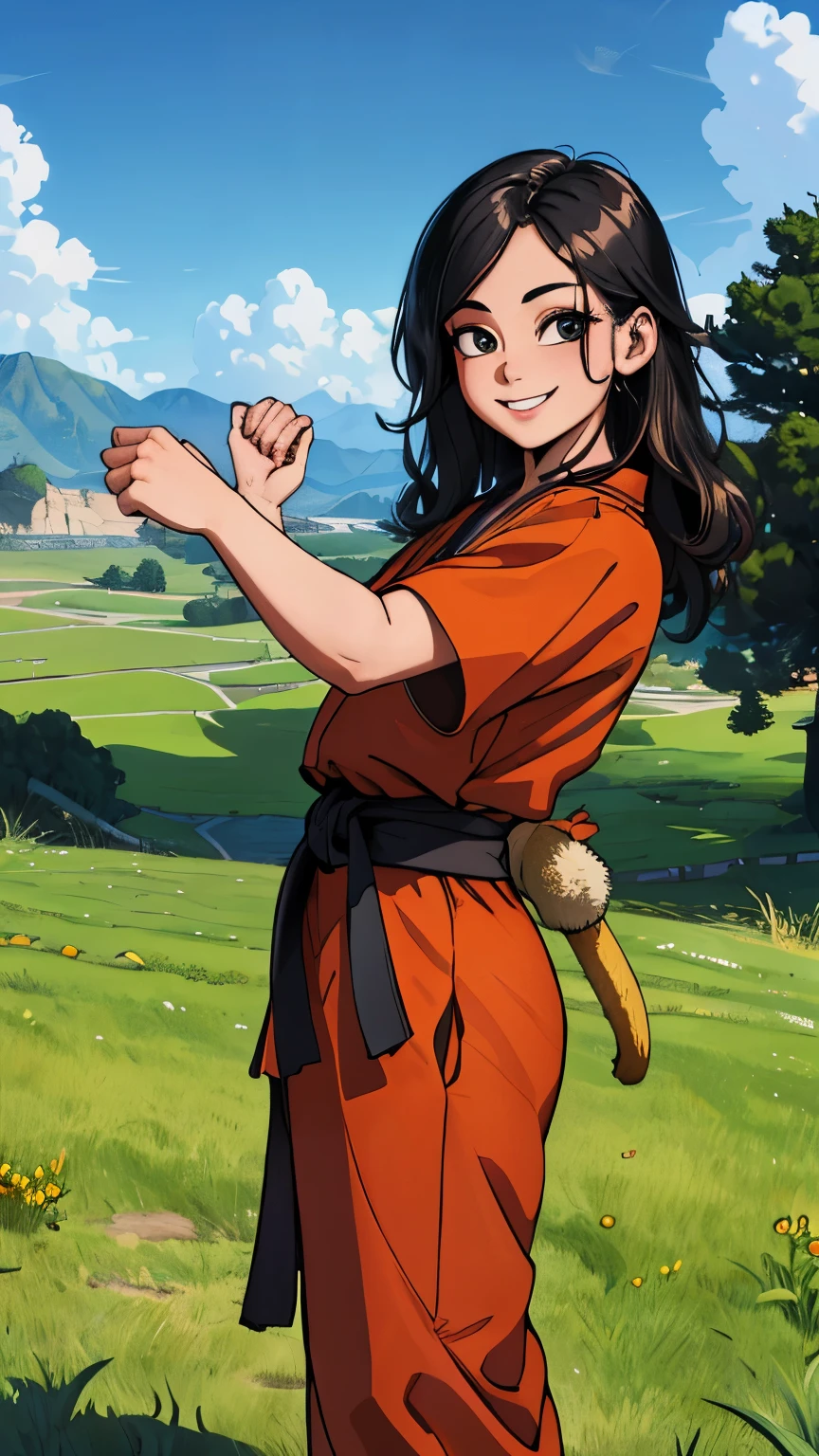 (extremely detailed CG unity 4k wallpaper),(masterpiece),(best quality),(ultra-detailed),(best illustration),(best shadow),(absurdres),(Detailed background), Slim woman, long black hair, Smile, Grassy field background, Monkey tail, Martial arts GI,
