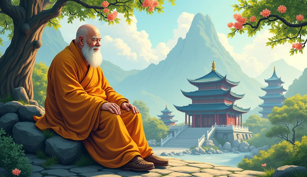 An wisdom full old fat Chinese monk, surrounded by temples, beautiful scenario, trees, in anime style