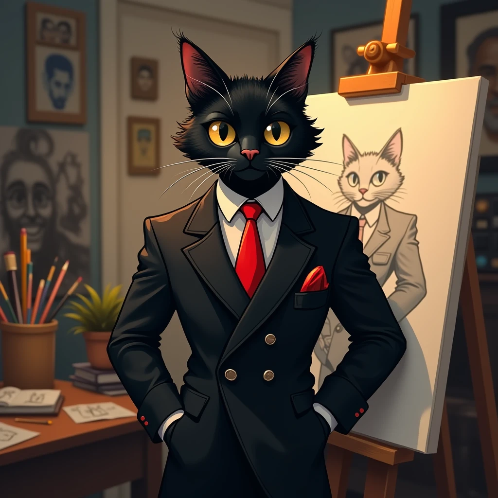 Black cat with body in black suit with red tie, drawing style