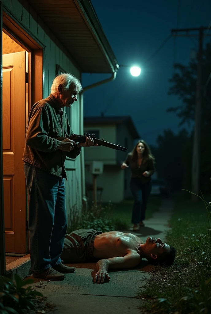 The image shows the facade of a modest house, with a partially open door. In front of the door, a man over 79 years old, with an expression of despair and pain, holds a firearm in his hand. the man, aged and marked by life appearance, wear simple clothes. A 29-year-old man lies on the ground, near the entrance, in a state of decline, with an expression of surprise and suffering. 

In the background, You can see the blurred figure of a woman, possibly the young man&#39;s girlfriend, who tries to run towards him. The scene is captured in a dramatic style, with an intense use of light and shadows that accentuate the moment of tension. Lighting comes from a street lamp and house light, creating a strong contrast between the darkness of the night and the drama of the situation.
