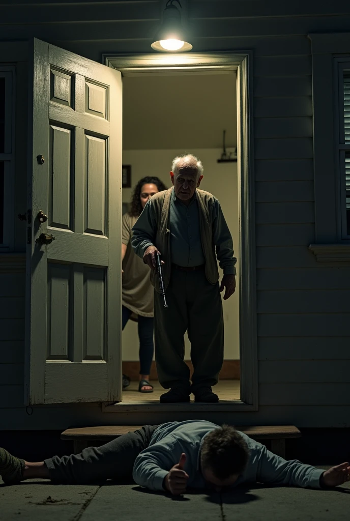 The image shows the facade of a modest house, with a partially open door. In front of the door, a man over 79 years old, with an expression of despair and pain, holds a firearm in his hand. the man, aged and marked by life appearance, wear simple clothes. A 29-year-old man lies on the ground, near the entrance, in a state of decline, with an expression of surprise and suffering.
In the background, You can see the blurred figure of a woman, possibly the young man's girlfriend, who tries to run towards him. The scene is captured in a dramatic style, with an intense use of light and shadows that accentuate the moment of tension. Lighting comes from a street lamp and house light, creating a strong contrast between the darkness of the night and the drama of the situation.