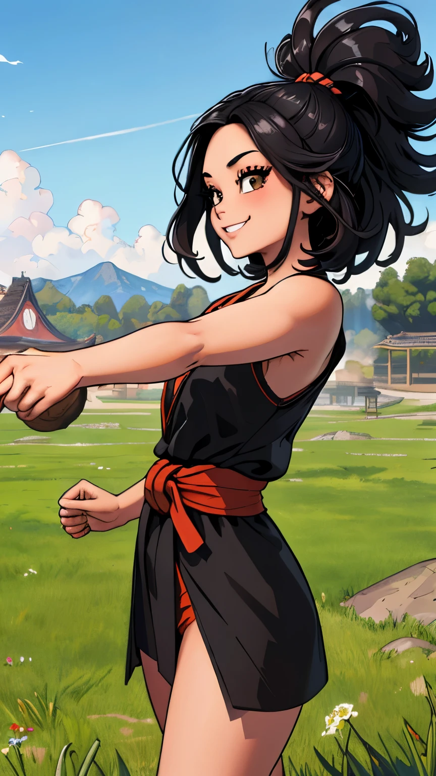 (extremely detailed CG unity 4k wallpaper),(masterpiece),(best quality),(ultra-detailed),(best illustration),(best shadow),(absurdres),(Detailed background), Slim woman, long black hair, Smile, Grassy field background, Monkey tail, Martial arts GI,