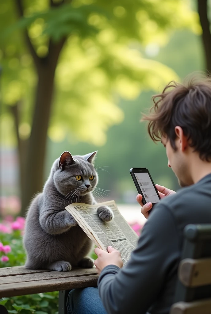 Gray cat sitting on a park bench reading a newspaper next to a man with a cell phone in his hand