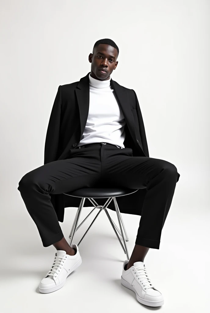 best qualityer:1.4), (ultra high resolution:1.2), (photorrealistic:1.4), (8k, CRU photo:1.2), a thin young man of 20 years old, skin black, with a smooth, beardless face, with short hair, with shaved sides and a low top, he is wearing a white turtleneck shirt and a black coat over it. He is wearing black dress pants and white sneakers.. He is sitting on a black chair. You are in a photography studio with a white background