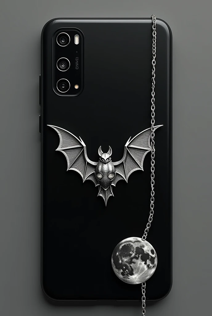 Black phone case with 3D silver bat under the cameras, silver steel moon in the bottom right corner and a silver chain passing through the middle going from the top right corner of the case to the bottom left corner of the 3D cell phone case Samsung A25