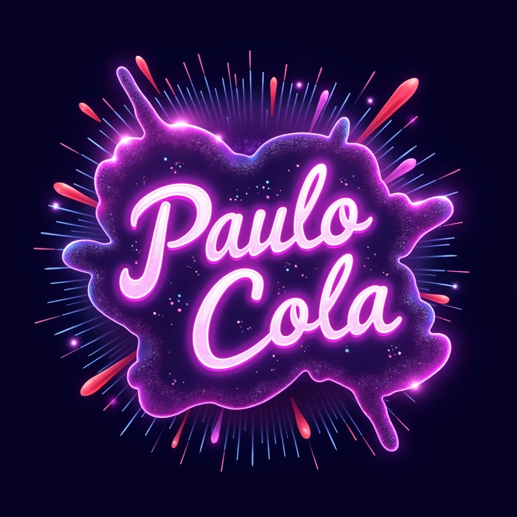 ((UTF-8)) Please create an image with the name "Paulo Cola", AND the number "23", AND the name "PIUMA". Use purple as the main color theme. Fluorescent colors.