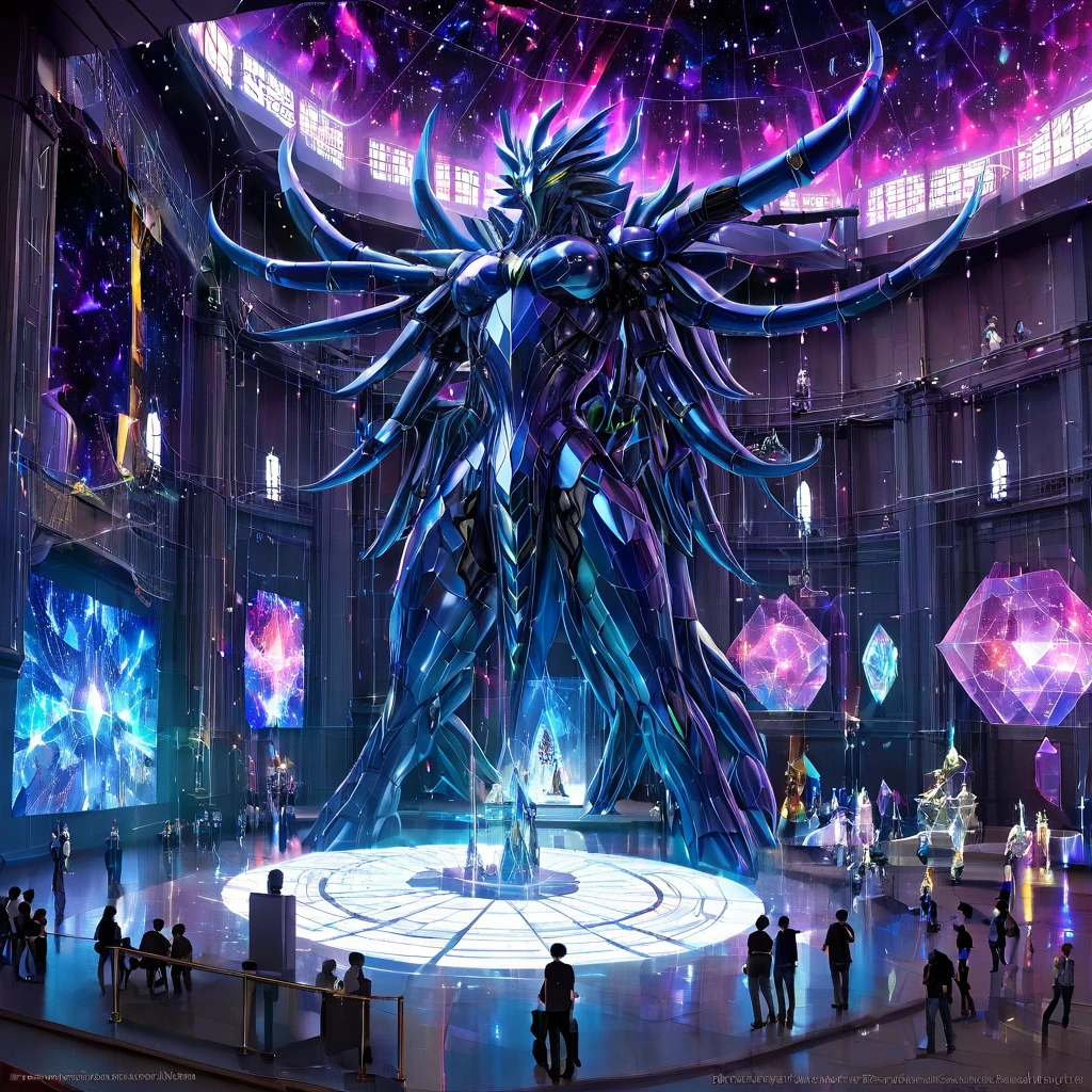 Plasma panel with many graphs, lines, holographs and other complex geometric projections, pulsars bounce off walls, huge gallery of nanotechnological complex, In the center there is a huge statue of an isometric creature, Maximum detail, highest quality, NSFW