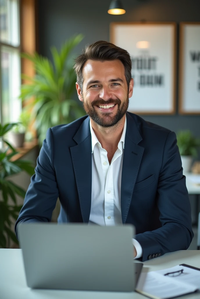 Create a male person, with beard , with dark green eyes , in formal wear for a marketing company, looking forward and smiling in an office working on MacBook without looking like artificial intelligence