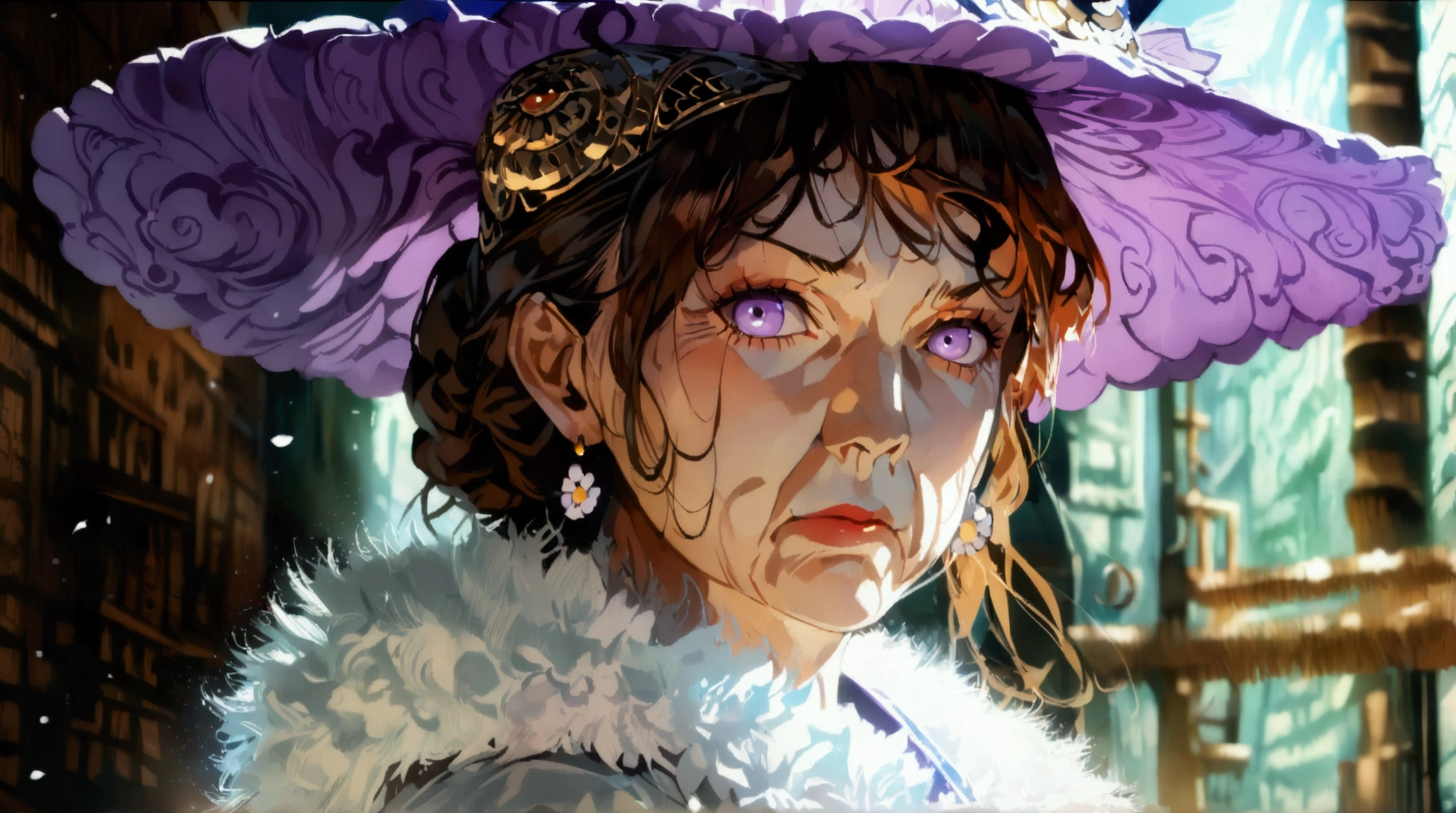Old woman, brown hair, lilac eyes, lilac hat, lilac earring, white admiral coat from One Piece, serious look, ((Intricate anime character design inspired by One Piece)), ((Stunning lighting)), ((Fine lines)), ((Stunning focus)), ((Centered character)), ((Stunning face)), ((Detailed focus)), ((Detailed background)), ((Ultra-fine 2D design)), ((Creative backdrop)), ((2D masterpiece)), ((Best quality)), ((8K anime style))