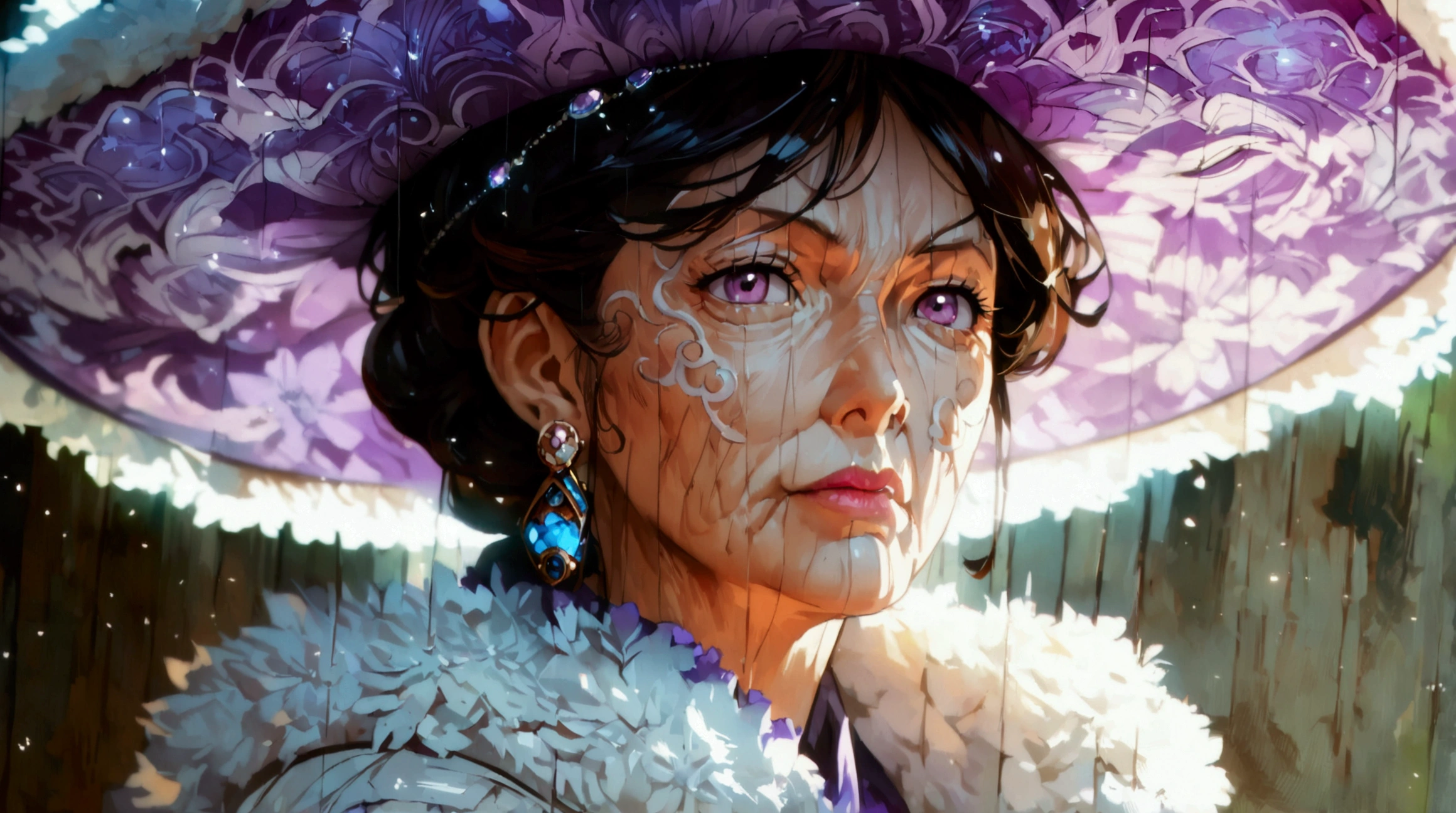 Old woman, brown hair, lilac eyes, lilac hat, lilac earring, white admiral coat from One Piece, serious look, ((Intricate anime character design inspired by One Piece)), ((Stunning lighting)), ((Fine lines)), ((Stunning focus)), ((Centered character)), ((Stunning face)), ((Detailed focus)), ((Detailed background)), ((Ultra-fine 2D design)), ((Creative backdrop)), ((2D masterpiece)), ((Best quality)), ((8K anime style))