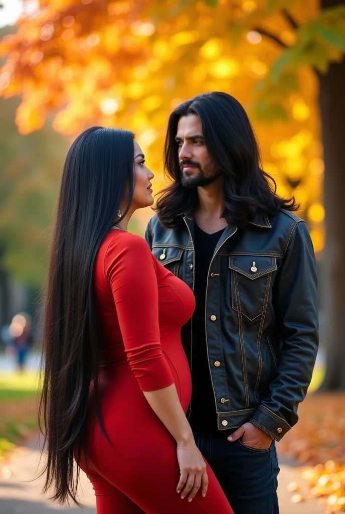 a woman with a chubby hourglass body with long straight black hair and a man with long black hair