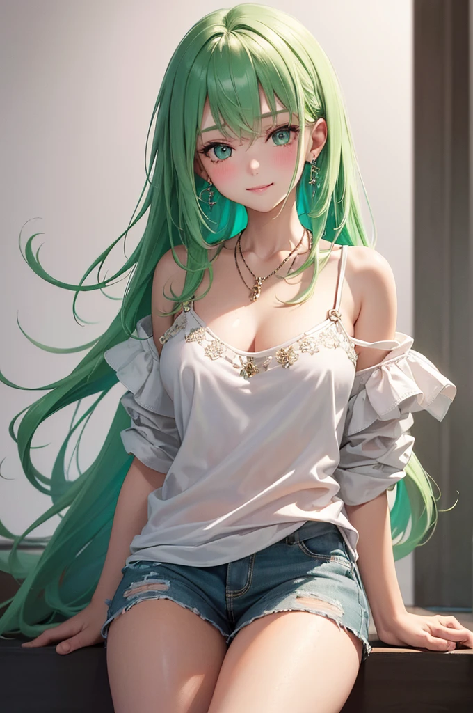 Best Quality,High resolution,8k,(plain white background, no patterns, no textures, just a plain white background:1.3),Masterpiece:1.2),beautiful girl,Shiny green hair,messy hair,Green Eyes,Gentle look,A refreshing look,smile,Best quality,Best Quality,Aesthetic and aesthetic:1.2,Best details((Super detailed))(High-definition CG illustrations),Slender body,smile,blush,cute,Scrounge,Looking up,Being spoiled,off shoulder, paired with pre-ripped jeans, colorful cotton fabric with a subtle pattern, casual sneakers with a pop of color, Accessories include a playful pendant necklace and colorful stud earrings, super model
