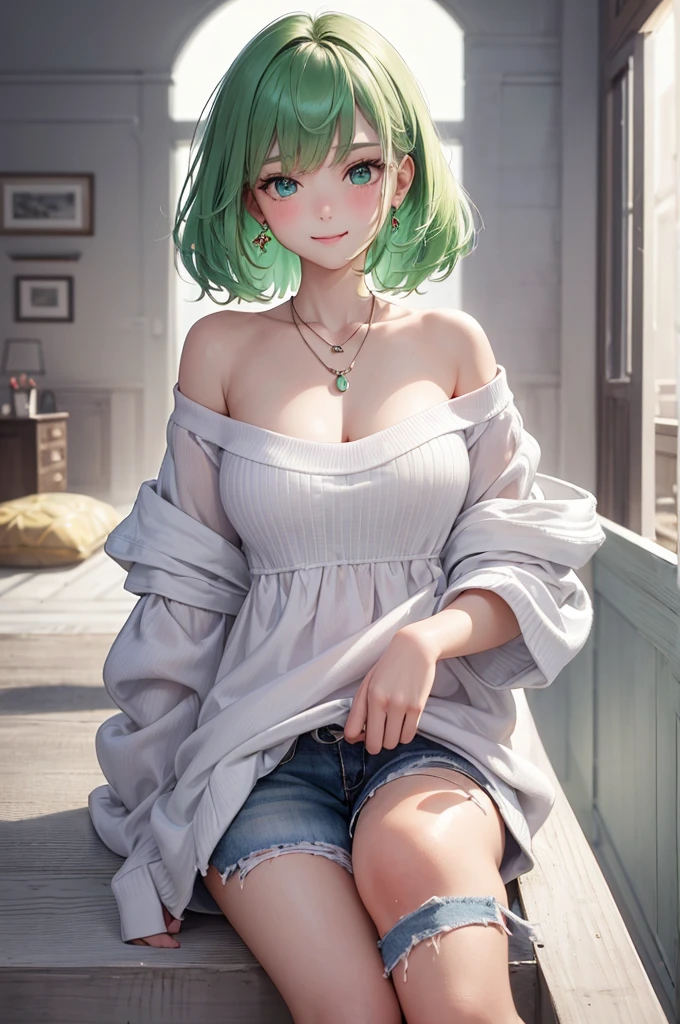 Best Quality,High resolution,8k,(plain white background, no patterns, no textures, just a plain white background:1.3),Masterpiece:1.2),beautiful girl,Shiny green hair,messy hair,Green Eyes,Gentle look,A refreshing look,smile,Best quality,Best Quality,Aesthetic and aesthetic:1.2,Best details((Super detailed))(High-definition CG illustrations),Slender body,smile,blush,cute,Scrounge,Looking up,Being spoiled,off shoulder, paired with pre-ripped jeans, colorful cotton fabric with a subtle pattern, casual sneakers with a pop of color, Accessories include a playful pendant necklace and colorful stud earrings, super model
