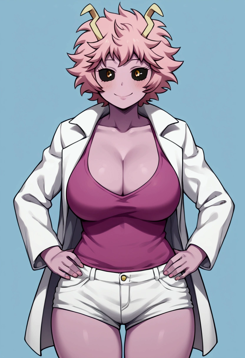 Score_9, Score_8_up, Score_7_up, Score_6_up, MILF, anime_source(boku_no_heo), 1 girl, hands on hips, wide hips, curves, ashido_mina, pink skin, black sclera, colored sclera, breasts, solo, yellow eyes, cleavage, pink hair , horns, colored skin, smile, shorts, blush, short hair, looking at viewer, collarbone, white shorts, eyelashes, coat, long sleeves, pink shirt, shirt, white coat, {{Ultra-giant breasts}}, blue background, mouth closed, bangs, open coat, cowboy shot, bright, white jacket, lips, open clothing